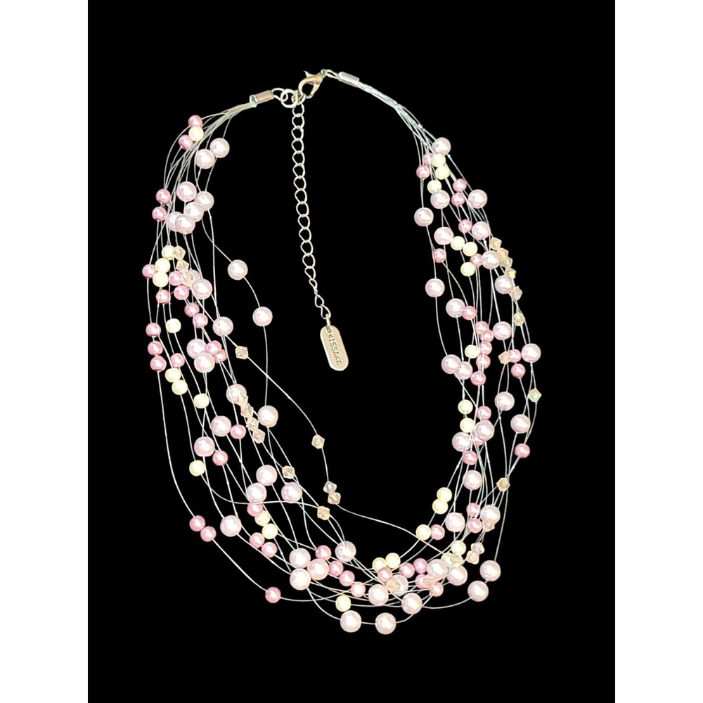 Kissaka Faux Pearl Crystal Illusion Multi Strand‎ Necklace Pink White 15"-18"